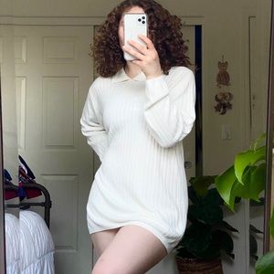 White/Cream Soft Collared Ribbed Sweater Dress